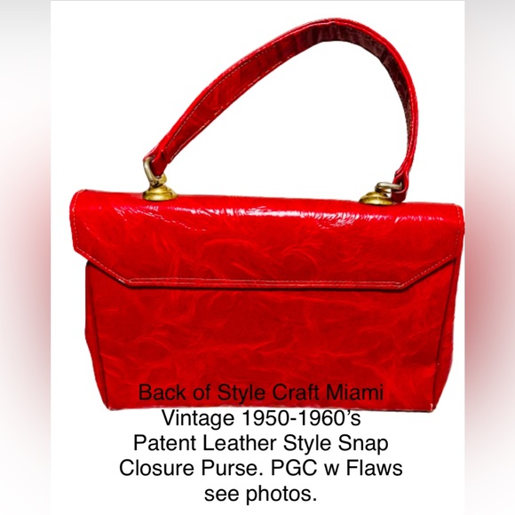 Vintage Style Craft Miami Bright Red Patent Lthr Style Purse w 1 carry handle. - Picture 2 of 13
